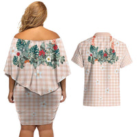 Peach Hawaiian Palaka Couples Matching Off Shoulder Short Dress and Hawaiian Shirt Kukui Nut Money Lei - Polynesian Pride