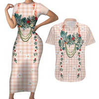 Peach Hawaiian Palaka Couples Matching Short Sleeve Bodycon Dress and Hawaiian Shirt Kukui Nut Money Lei - Polynesian Pride