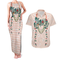 Peach Hawaiian Palaka Couples Matching Tank Maxi Dress and Hawaiian Shirt Kukui Nut Money Lei - Polynesian Pride