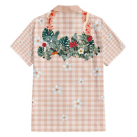 Peach Hawaiian Palaka Family Matching Off The Shoulder Long Sleeve Dress and Hawaiian Shirt Kukui Nut Money Lei - Polynesian Pride