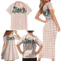 Peach Hawaiian Palaka Family Matching Short Sleeve Bodycon Dress and Hawaiian Shirt Kukui Nut Money Lei - Polynesian Pride