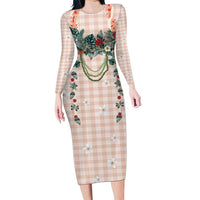 Peach Hawaiian Palaka Long Sleeve Bodycon Dress Kukui Nut Money Lei - Polynesian Pride