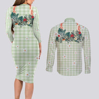 Sage Green Hawaiian Palaka Couples Matching Long Sleeve Bodycon Dress and Long Sleeve Button Shirt Kukui Nut Money Lei - Polynesian Pride