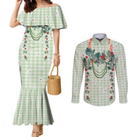 Sage Green Hawaiian Palaka Couples Matching Mermaid Dress and Long Sleeve Button Shirt Kukui Nut Money Lei - Polynesian Pride