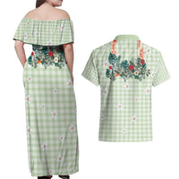 Sage Green Hawaiian Palaka Couples Matching Off Shoulder Maxi Dress and Hawaiian Shirt Kukui Nut Money Lei - Polynesian Pride