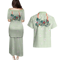 Sage Green Hawaiian Palaka Couples Matching Puletasi and Hawaiian Shirt Kukui Nut Money Lei - Polynesian Pride