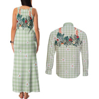 Sage Green Hawaiian Palaka Couples Matching Tank Maxi Dress and Long Sleeve Button Shirt Kukui Nut Money Lei - Polynesian Pride