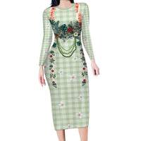 Sage Green Hawaiian Palaka Family Matching Long Sleeve Bodycon Dress and Hawaiian Shirt Kukui Nut Money Lei - Polynesian Pride