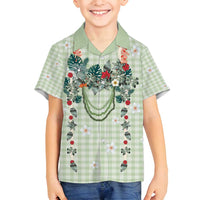 Sage Green Hawaiian Palaka Family Matching Long Sleeve Bodycon Dress and Hawaiian Shirt Kukui Nut Money Lei - Polynesian Pride