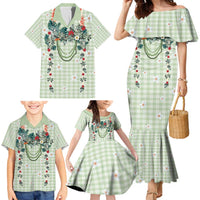 Sage Green Hawaiian Palaka Family Matching Mermaid Dress and Hawaiian Shirt Kukui Nut Money Lei - Polynesian Pride