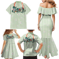 Sage Green Hawaiian Palaka Family Matching Mermaid Dress and Hawaiian Shirt Kukui Nut Money Lei - Polynesian Pride