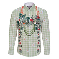 Sage Green Hawaiian Palaka Family Matching Short Sleeve Bodycon Dress and Hawaiian Shirt Kukui Nut Money Lei - Polynesian Pride