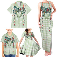 Sage Green Hawaiian Palaka Family Matching Tank Maxi Dress and Hawaiian Shirt Kukui Nut Money Lei - Polynesian Pride
