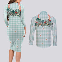 Turquoise Hawaiian Palaka Couples Matching Long Sleeve Bodycon Dress and Long Sleeve Button Shirt Kukui Nut Money Lei - Polynesian Pride