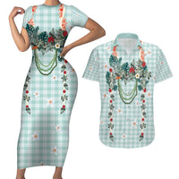 Turquoise Hawaiian Palaka Couples Matching Short Sleeve Bodycon Dress and Hawaiian Shirt Kukui Nut Money Lei - Polynesian Pride