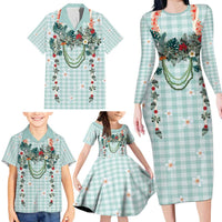 Turquoise Hawaiian Palaka Family Matching Long Sleeve Bodycon Dress and Hawaiian Shirt Kukui Nut Money Lei - Polynesian Pride