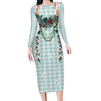 Turquoise Hawaiian Palaka Family Matching Long Sleeve Bodycon Dress and Hawaiian Shirt Kukui Nut Money Lei - Polynesian Pride