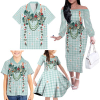 Turquoise Hawaiian Palaka Family Matching Off The Shoulder Long Sleeve Dress and Hawaiian Shirt Kukui Nut Money Lei - Polynesian Pride
