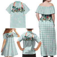 Turquoise Hawaiian Palaka Family Matching Off Shoulder Maxi Dress and Hawaiian Shirt Kukui Nut Money Lei - Polynesian Pride