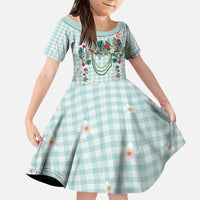 Turquoise Hawaiian Palaka Kid Short Sleeve Dress Kukui Nut Money Lei - Polynesian Pride