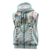 Turquoise Hawaiian Palaka Sleeveless Zip Hoodie Kukui Nut Money Lei - Polynesian Pride