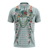 Turquoise Hawaiian Palaka Zipper Polo Shirt Kukui Nut Money Lei - Polynesian Pride