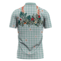 Turquoise Hawaiian Palaka Zipper Polo Shirt Kukui Nut Money Lei - Polynesian Pride