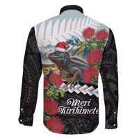 Meri Kirihimete Tuatara Family Matching Off The Shoulder Long Sleeve Dress and Hawaiian Shirt New Zealand Fern with Puhutukawa Flowers