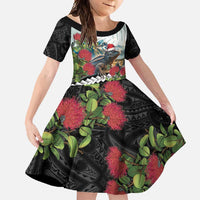 Meri Kirihimete Tuatara Family Matching Tank Maxi Dress and Hawaiian Shirt New Zealand Fern with Puhutukawa Flowers LT9 Daughter's Dress Green - Polynesian Pride