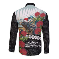 Meri Kirihimete Tuatara Long Sleeve Button Shirt New Zealand Fern with Puhutukawa Flowers