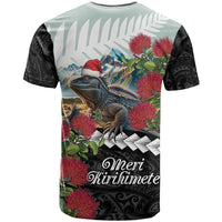 Meri Kirihimete Tuatara T Shirt New Zealand Fern with Puhutukawa Flowers