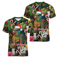 Meri Kirihimete Kakapo Santa Women V-Neck T-Shirt Merry Christmas with Tropical Vibe