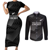 New Zealand Cricket Custom Couples Matching Short Sleeve Bodycon Dress and Long Sleeve Button Shirt Potae Pango Black Fern Pattern