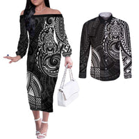 Polynesian Turtle Tribal Tattoo Couples Matching Off The Shoulder Long Sleeve Dress and Long Sleeve Button Shirt Black Style