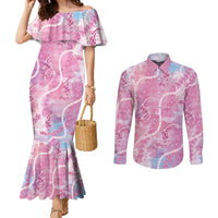 Japanese Koi Fish Couples Matching Mermaid Dress and Long Sleeve Button Shirt Pink Wagara Palaka Honohono Pikake Lei