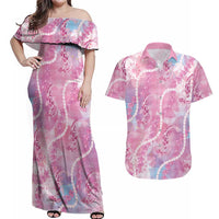 Japanese Koi Fish Couples Matching Off Shoulder Maxi Dress and Hawaiian Shirt Pink Wagara Palaka Honohono Pikake Lei