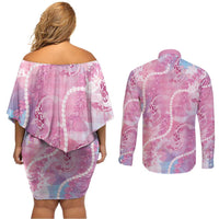 Japanese Koi Fish Couples Matching Off Shoulder Short Dress and Long Sleeve Button Shirt Pink Wagara Palaka Honohono Pikake Lei