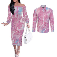 Japanese Koi Fish Couples Matching Off The Shoulder Long Sleeve Dress and Long Sleeve Button Shirt Pink Wagara Palaka Honohono Pikake Lei