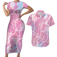 Japanese Koi Fish Couples Matching Short Sleeve Bodycon Dress and Hawaiian Shirt Pink Wagara Palaka Honohono Pikake Lei