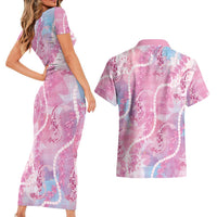 Japanese Koi Fish Couples Matching Short Sleeve Bodycon Dress and Hawaiian Shirt Pink Wagara Palaka Honohono Pikake Lei