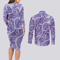 Japanese Koi Fish Couples Matching Long Sleeve Bodycon Dress and Long Sleeve Button Shirt Purple Wagara Palaka Honohono Pikake Lei