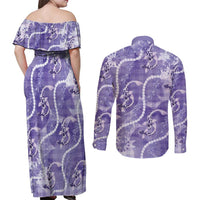 Japanese Koi Fish Couples Matching Off Shoulder Maxi Dress and Long Sleeve Button Shirt Purple Wagara Palaka Honohono Pikake Lei