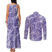 Japanese Koi Fish Couples Matching Tank Maxi Dress and Long Sleeve Button Shirt Purple Wagara Palaka Honohono Pikake Lei
