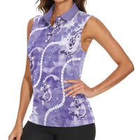Japanese Koi Fish Women Sleeveless Polo Shirt Purple Wagara Palaka Honohono Pikake Lei