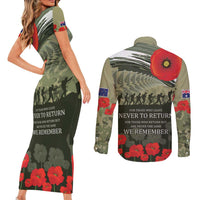 ANZAC Day We Remember Couples Matching Short Sleeve Bodycon Dress and Long Sleeve Button Shirt Maori Silver Fern Camouflage Motif
