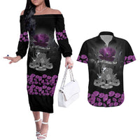 ANZAC Day Remembrance Couples Matching Off The Shoulder Long Sleeve Dress and Hawaiian Shirt Purple Poppy We Will Remember Them