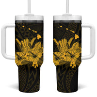 Gold Hawaiian Hibiscus Shaka Sign Tumbler With Handle