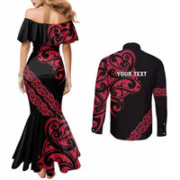 All Black Maori Tribal Tattoo Personalised Couples Matching Mermaid Dress and Long Sleeve Button Shirt Classic Red Polynesian Style - Polynesian Pride