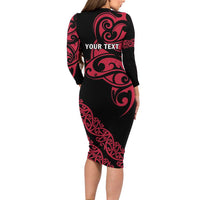 All Black Maori Tribal Tattoo Personalised Family Matching Long Sleeve Bodycon Dress and Hawaiian Shirt Classic Red Polynesian Style - Polynesian Pride