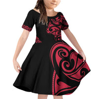 All Black Maori Tribal Tattoo Personalised Family Matching Off Shoulder Short Dress and Hawaiian Shirt Classic Red Polynesian Style - Polynesian Pride